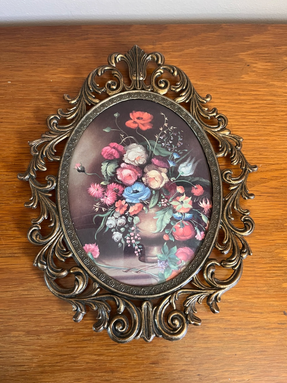 Beautiful Vintage Floral Print in Brass Frame